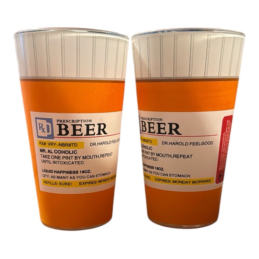 NWT | TWO Rx Prescription Beer Glasses | Orange & White | Pint | Big Mouth Toys